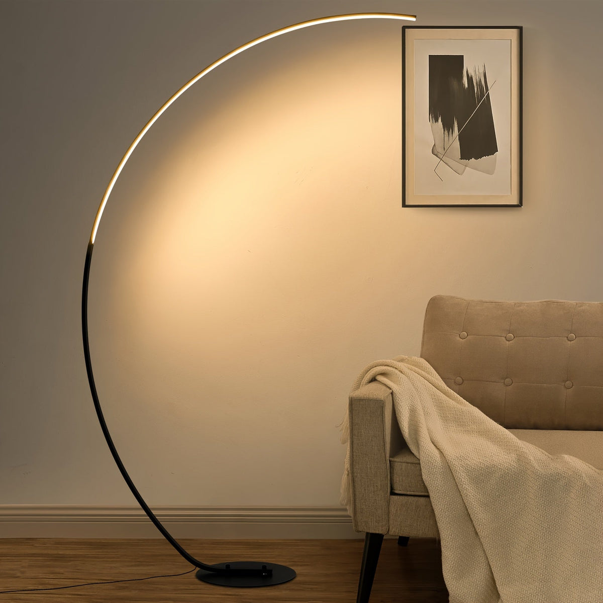 Modern 65-Inch Arched Floor Lamp with Remote – Dimmable RGB Color Changing LED Curved Standing Light for Bedroom Living Room in Black & Gold