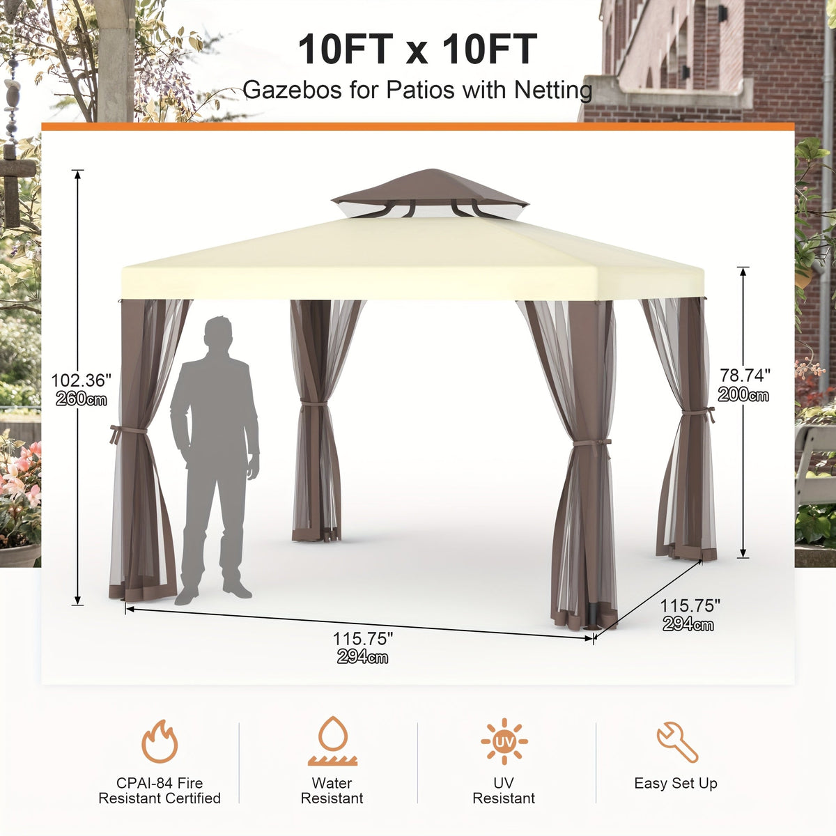 10'x10' Patio Gazebo Tent with Mosquito Netting, 100 Sq Ft Shade Canopy, 90% UV Block, Waterproof 2-Tier Polyester Roof, Rust-Resistant Steel Frame, Drainage Hole, for Garden Backyard Deck Party