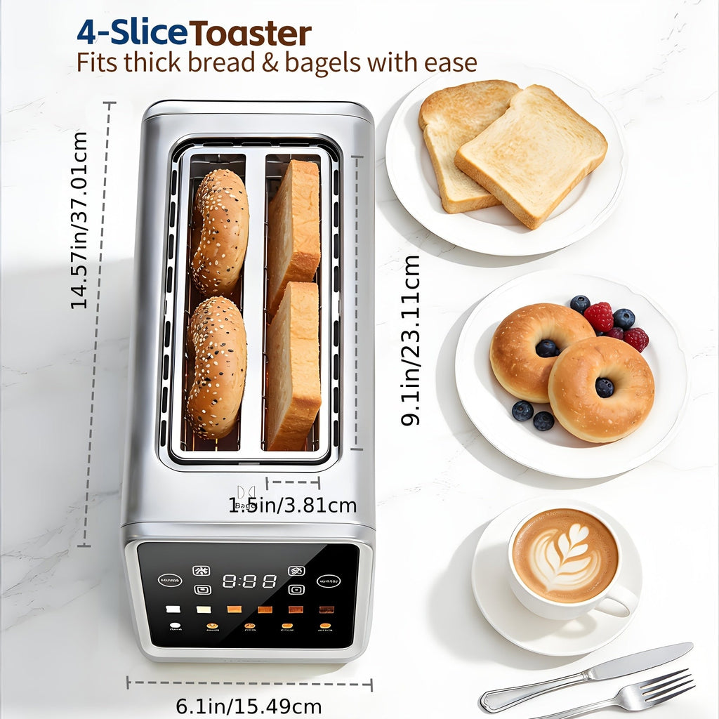 Long Slot 4-Slice Toaster - 1.5" Extra Wide Slots, Touch Screen LED Display, Countdown Timer, Memory Function, Dual Independent Control, 6 Shade Settings - Stainless Steel