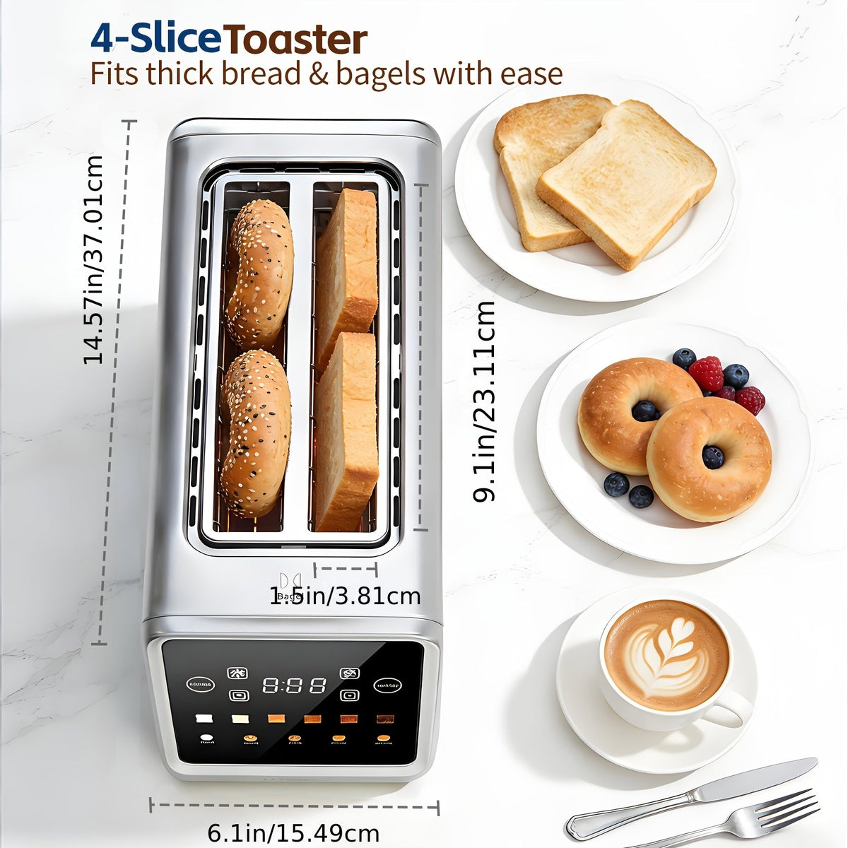 Long Slot 4-Slice Toaster - 1.5" Extra Wide Slots, Touch Screen LED Display, Countdown Timer, Memory Function, Dual Independent Control, 6 Shade Settings - Stainless Steel
