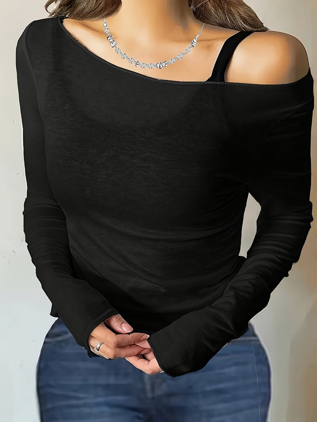 Women's Off-Shoulder Sheer Long Sleeve Slim Fit Top - Asymmetric Neckline Semi-Transparent Stretch T-Shirt, Elegant Layering Top for Spring Summer Going Out