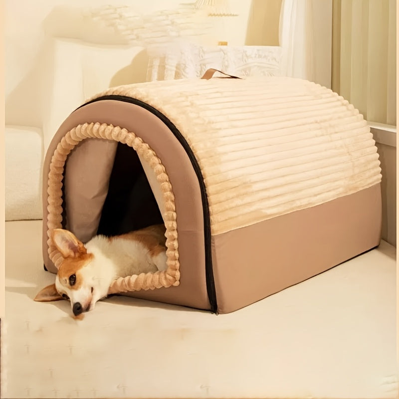 Foldable 2-in-1 All-Season Cave Dog Bed – Fully Enclosed Covered Pet House with Handle, Soft Fluffy Non-Slip Washable Nest for Large, Medium & Small Dogs and Cats – Free Drool Bib – Velora