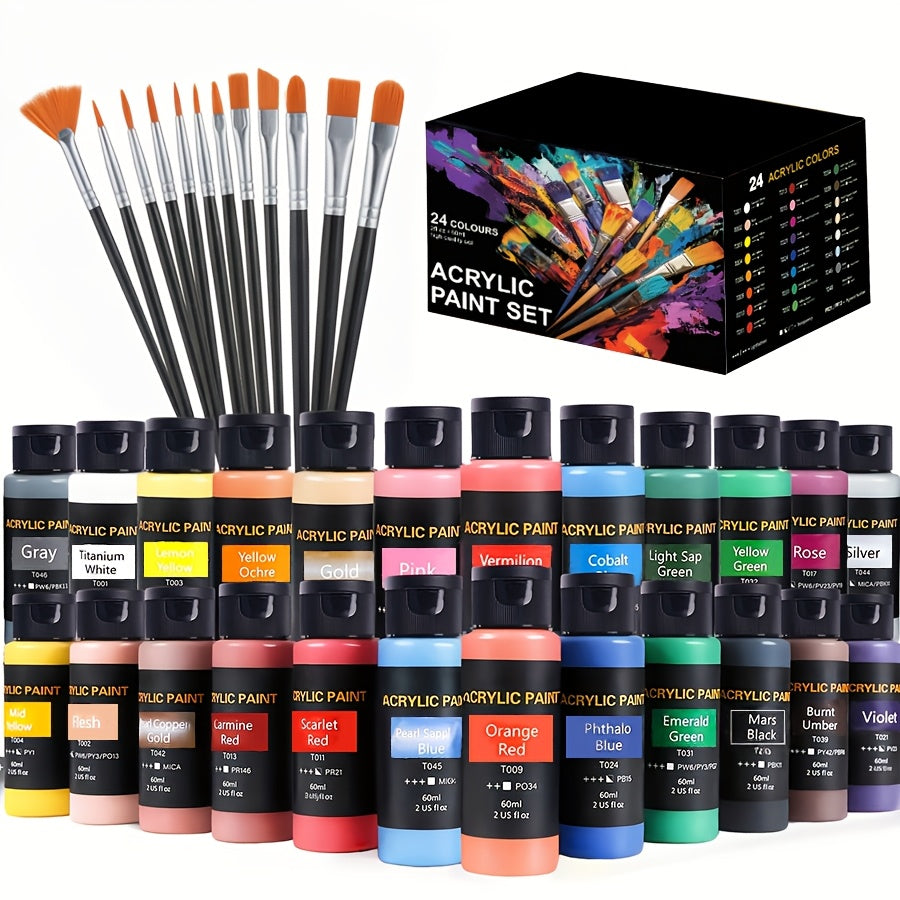 Acrylic Paint Set, 24 Colors, 2.03oz Each, with 12 Art Brushes, Premium Painting Supplies for Canvas, Ceramic, Fabric, Wood, Rich, Long-Lasting Pigments for Beginners, Hobbyists & Professional Artists