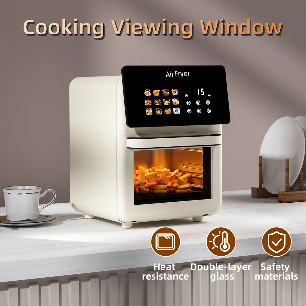 Large Air Fryer Oven with Grill Combo 2.64 Gallon – 12-in-1 Smart Convection Oven with Glass Window Nonstick Basket & Removable Door in White