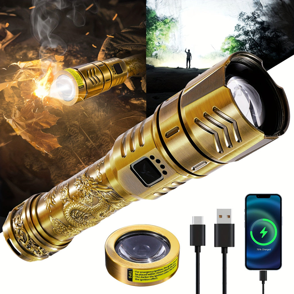 SKYFIRE LED Rechargeable Flashlight 4000mAh Golden Dragon Pattern Ignition Lens Zoom & 4 Modes for Camping Outdoor & Household Use – Gold