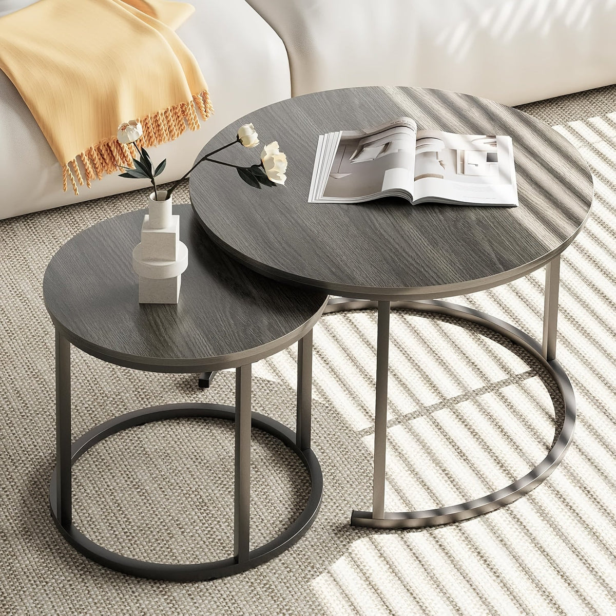 Round Nesting Side Table Set of 2 – Faux Marble & Wood Top with Metal Frame Modern Accent Tables for Living Room Bedroom in 6 Color Options