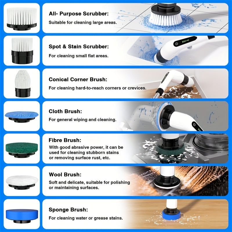 Electric Spin Scrubber Cordless 7-in-1 Cleaning Brush with 7 Replaceable Heads, Dual Speed Adjustable, Detachable Telescopic Handle for Bathroom Tile, Tub, Kitchen, Car, and Floor Grout Scrubbing