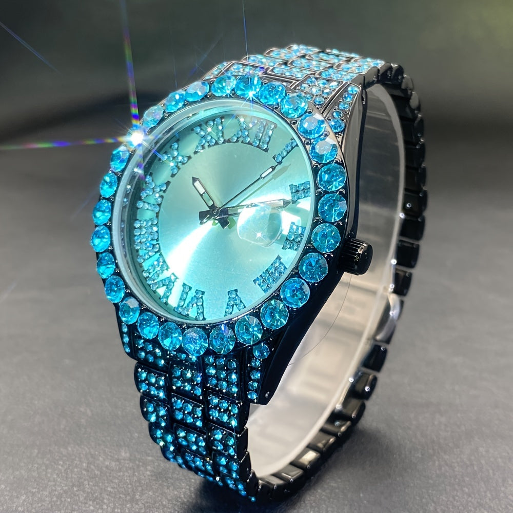 Rhinestone Couple's Watch Set, Luxury Quartz Movement with Calendar and Luminous Display, Red and Ice Blue Rhinestone Fashion Party Gift Watches for Men and Women