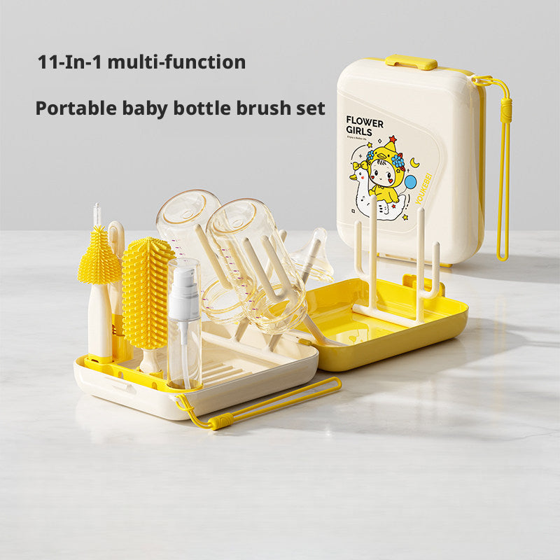 11-in-1 Multifunctional Baby Bottle Brush Cleaning Kit, Portable Travel Set with Nipple Brush, Foldable Stand & Draining Rack for Bottles, 5 Colors
