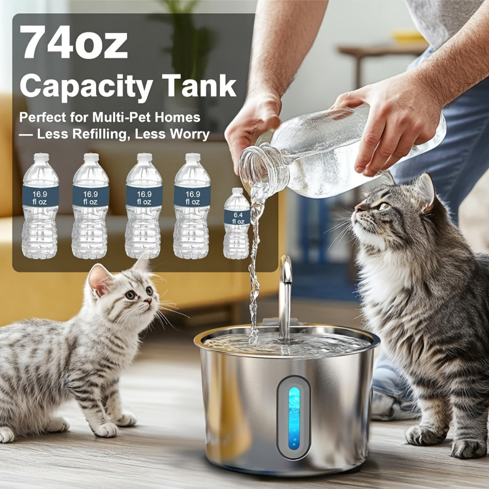 74oz Stainless Steel Cat Water Fountain - Ultra-Quiet USB Pump, Faucet Flow, 3-Stage Filter & Visual Water Level Window, Automatic Pet Water Fountain for Cats and Small Dogs Indoor