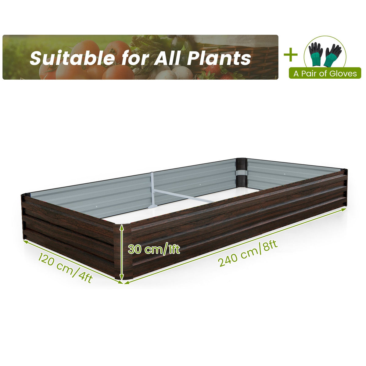 Metal Raised Garden Bed 8ft x 4ft x 1ft, Open-Ended Base, Wave-Patterned Anti-Warp Panels, Reinforced Center Bracket, 32 cu.ft Growing Space, Gloves Included, for Vegetables Flowers Herbs Fruit