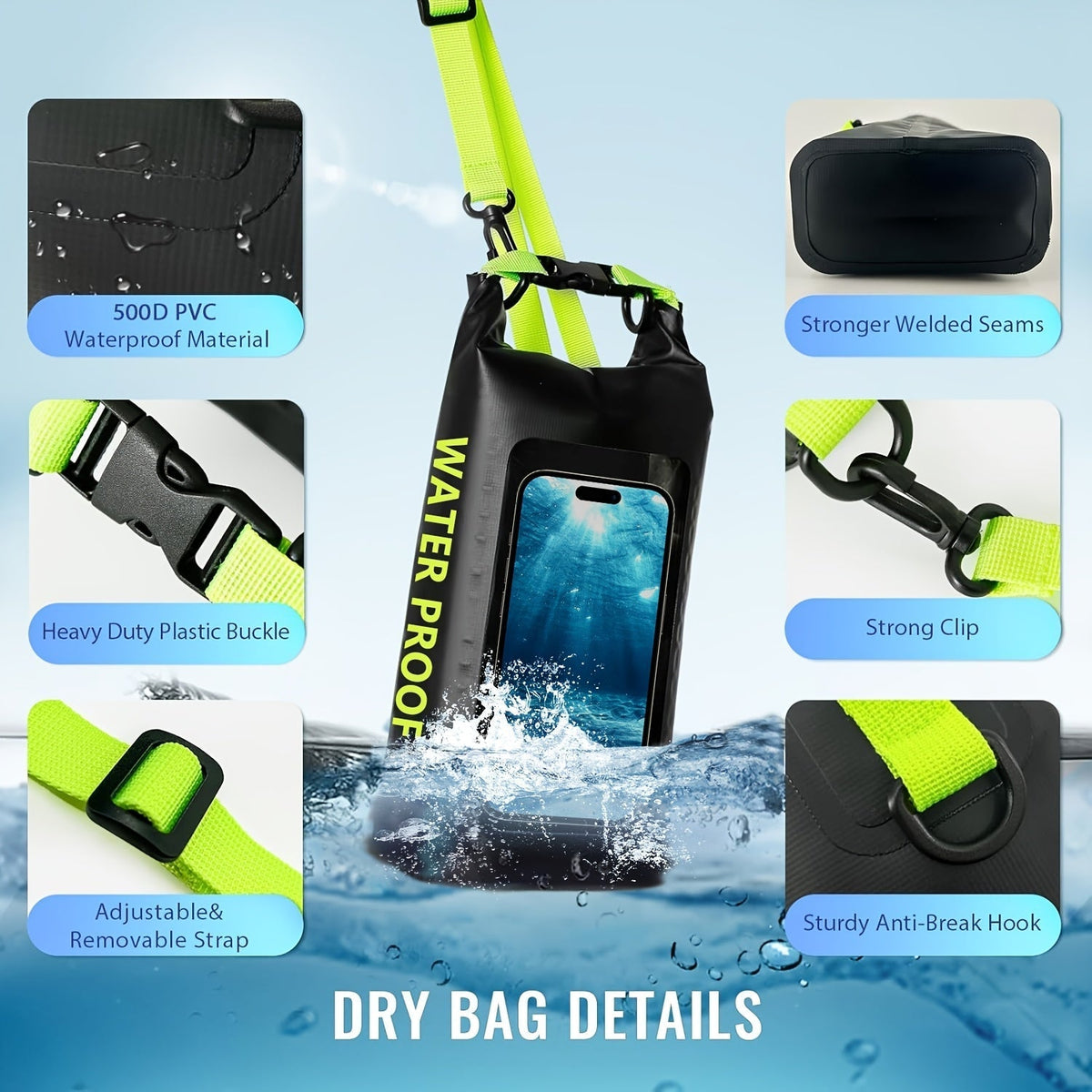 10L Waterproof Roll-Top Dry Bag with Phone Case - Crossbody Shoulder Bag for Kayaking, Boating, Beach, Camping, Swimming, Fishing, Rafting, and Travel