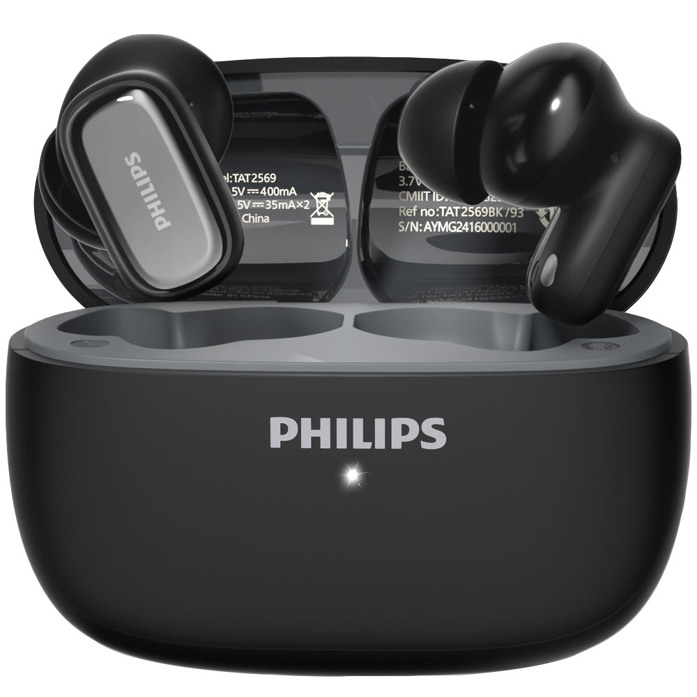 Philips TAT2569 Active Noise Canceling Wireless Earbuds - Bluetooth 5.4, 18H Playtime, Dual Beamforming Mics, Touch Control, Secure Sport Fit, Type-C Charging, iPhone & Android - Black, White & Blue