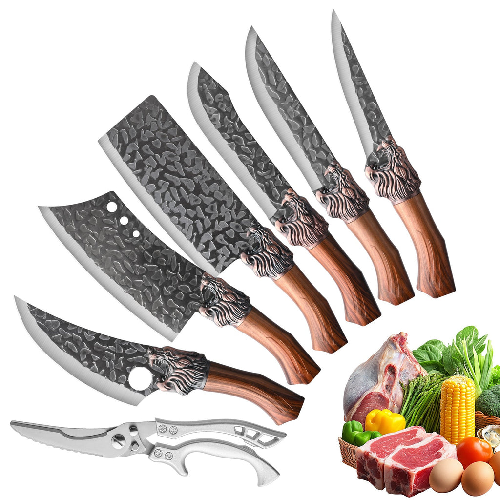 7-Piece Professional Chef Knife Set - Hand-Forged Damascus-Style Blade, Brown Wood Handle, Ergonomic Grip - Chef, Boning, Fish, Butcher Knife + Scissors - Meat, Fish, Vegetables & Fruits - Home & Professional Kitchen Gift