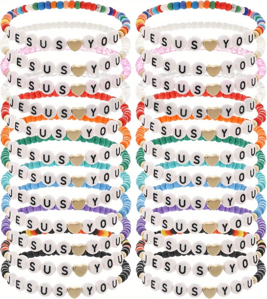 24pc Christian Friendship Bracelet Set – Handmade Clay Bead "Jesus Loves You" Bracelets, Bulk Religious Jewelry for Christmas, Easter, Church Events & Faith-Based Gifts