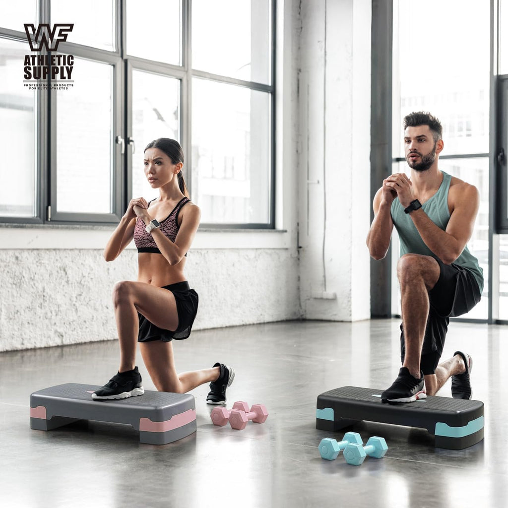 Adjustable Height Aerobic Stepper Set with 2 Dumbbells & Measuring Tape – Home Workout Exercise Step Platform with Risers, Non-Slip, 550 LB Capacity, 3 Colors: Blue, Green, Pink