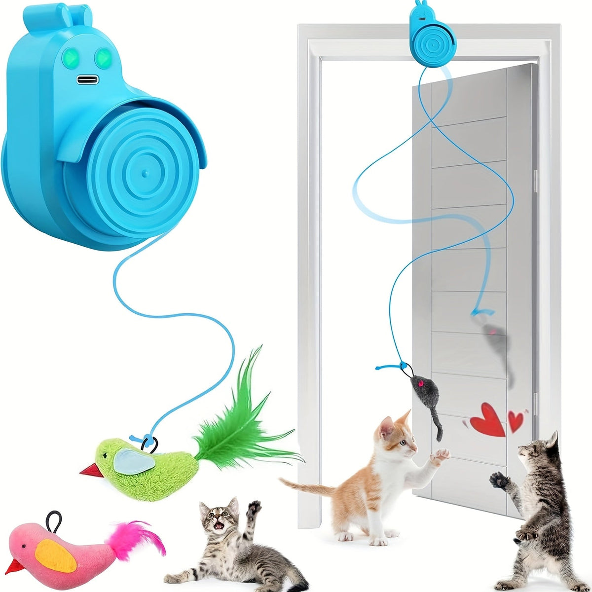 Interactive Cat Toy for Indoor Cats – Automatic Electric Flying Bird Feather Hanging Self-Play Toy for Bored Kittens & Adult Cats, White Blue Grey