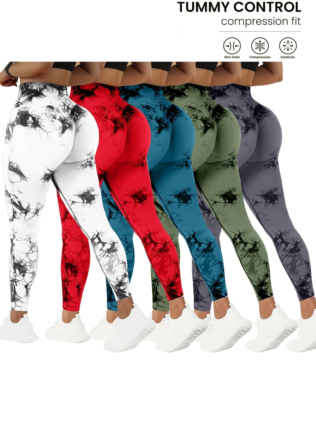 5-Pack Women's High-Waisted Yoga Pants with Tummy Control, Tie-Dye Stretchy Fitness Leggings, Peach Lift Running Tights, All-Season Activewear in Various Colors