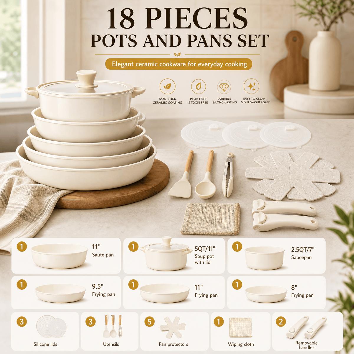 Nonstick Pots and Pans Set with Detachable Handles 15-23 Piece, Cast Aluminum Cookware Set Dishwasher Safe PFAS PFOA Free, Induction Compatible Kitchen Cooking Set with Utensils for RV Home, Black Cream White