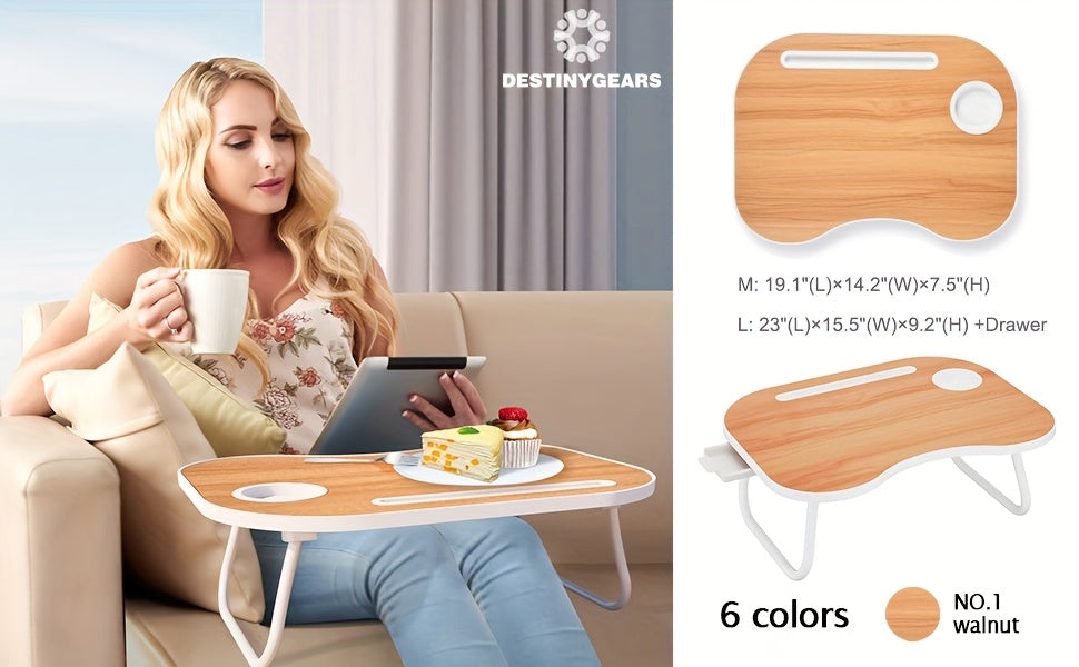 Laptop Desk with USB Port, Storage Drawer & Cup Holder – Walnut Wood Bed Tray Table for Eating, Writing, Sofa, Couch, Adults, and Students