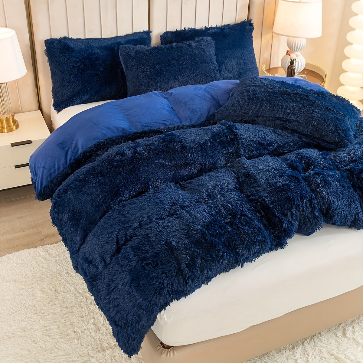 Plush Duvet Cover Set 3 Piece, Long Hair Knitted Polyester, Solid Color Fuzzy Comforter Cover with Zipper Closure, All-Season Soft Cozy Bedding Set for Bedroom, Multiple Colors Available