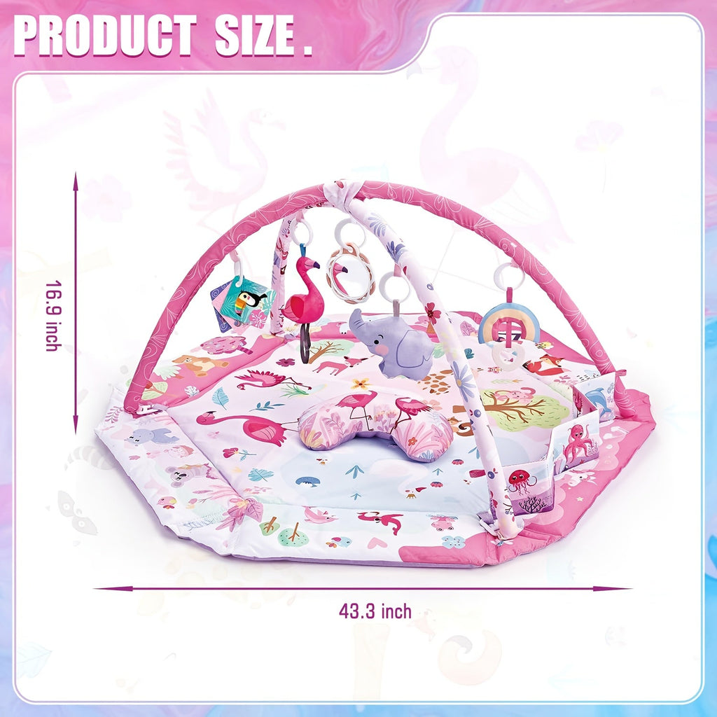 Foldable Hexagonal Baby Activity Mat & Play Gym with 5 Sensory Toys & Exercise Ball, Multi-Functional Infant Crawling Training Mat for Newborns & Toddlers, Pink
