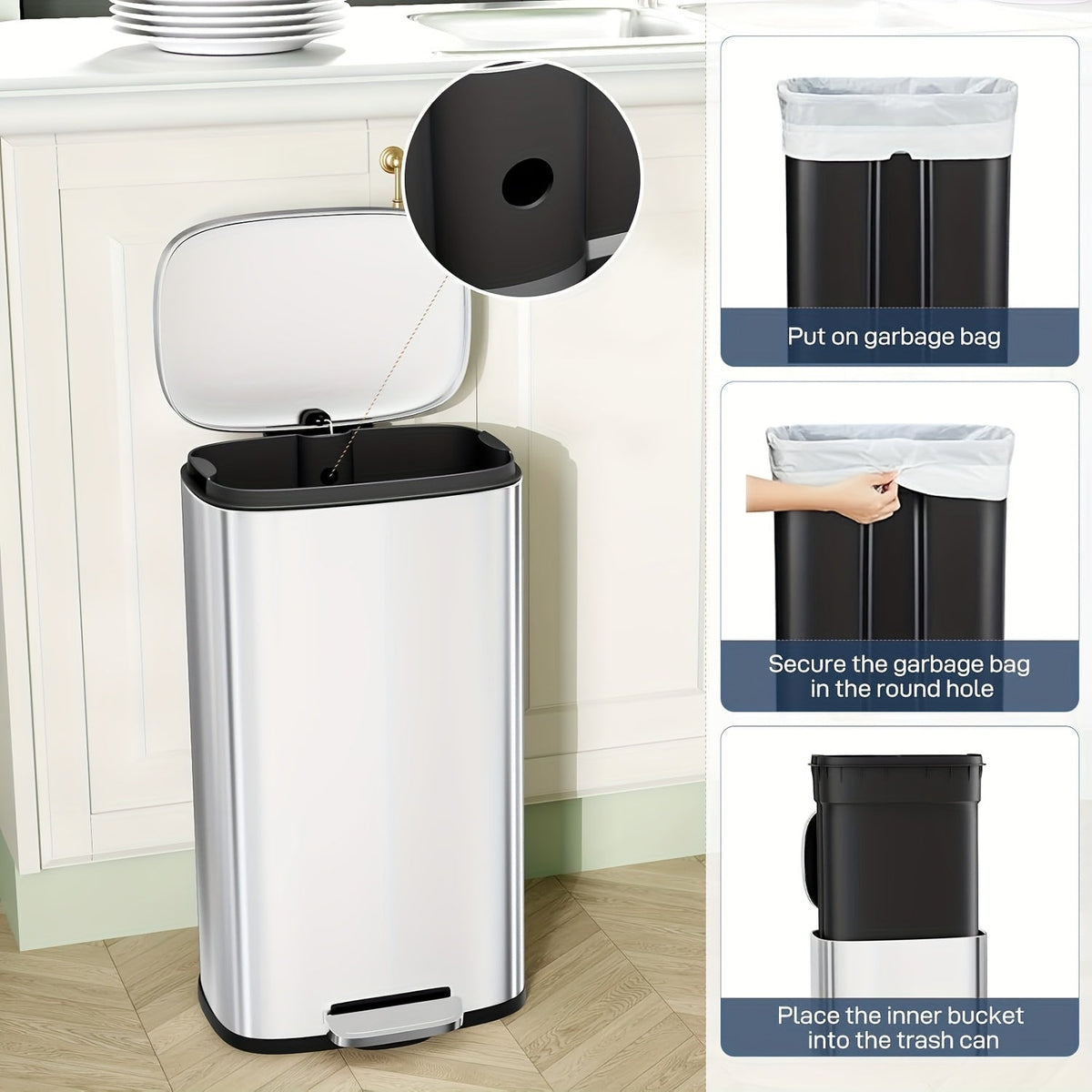 Stainless Steel Step Trash Can 7.93 Gallon – Soft-Close Hinged Lid Odor-Seal Waste Bin with Removable Inner Bucket for Kitchen Bathroom Bedroom in 6 Colors
