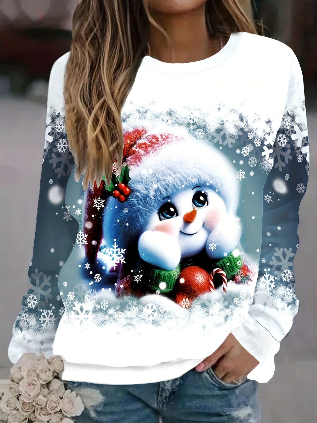 Women's Christmas Print Crew Neck Long Sleeve Loose Pullover Sweatshirt Holiday Festive Casual Tops US Warehouse