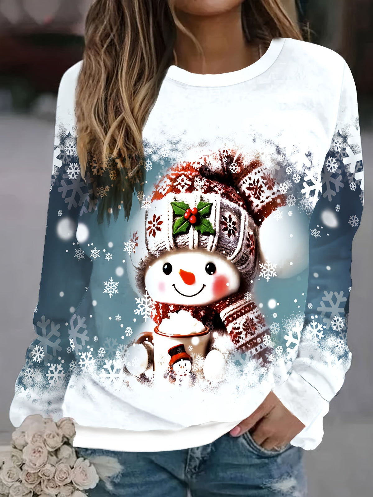 Women's Christmas Print Crew Neck Long Sleeve Loose Pullover Sweatshirt Holiday Festive Casual Tops US Warehouse