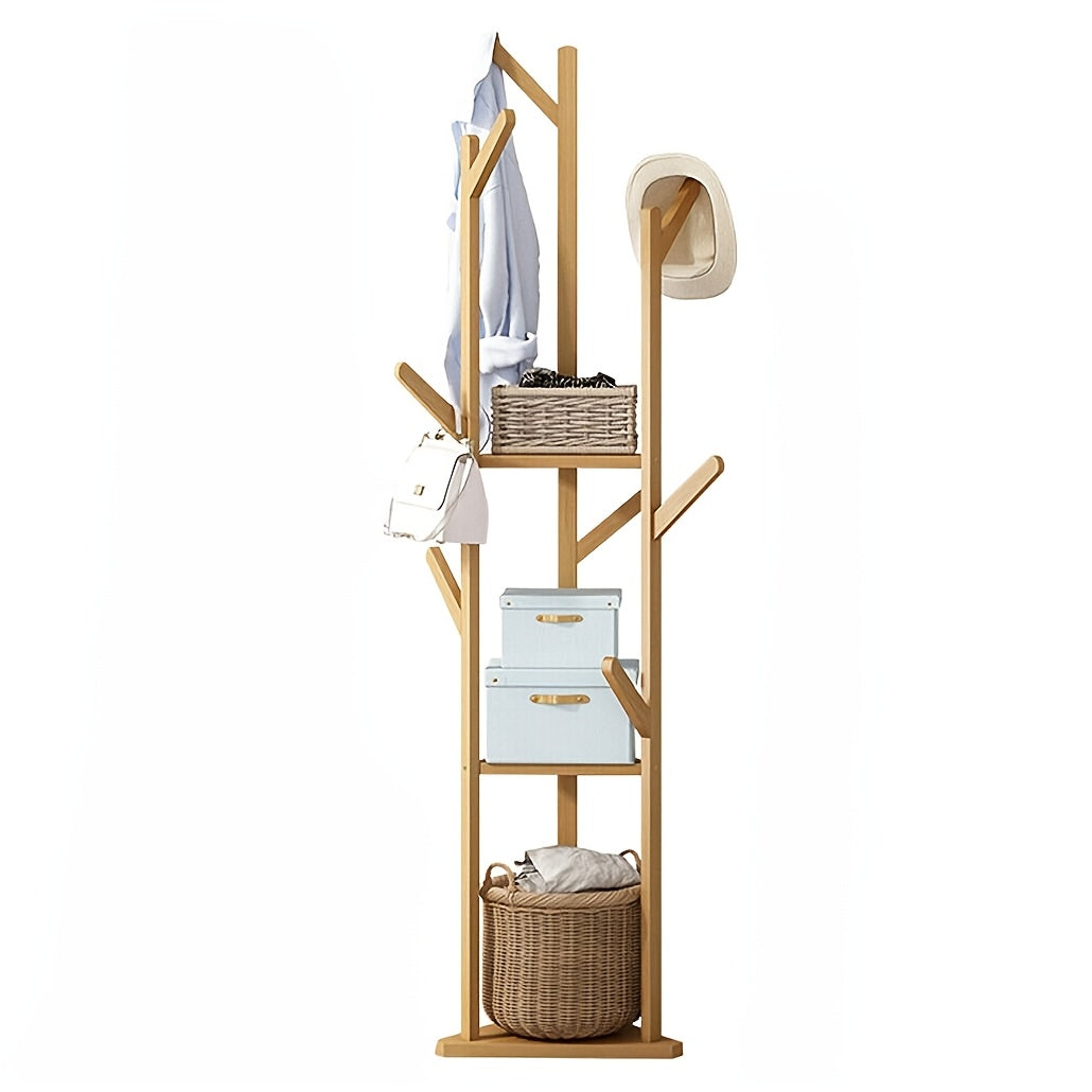 64" Bamboo Coat Rack Freestanding – 9 Hooks & 3 Shelves Entryway Hallway Tree Stand for Clothes Hats Bags & Coats in Natural Bamboo