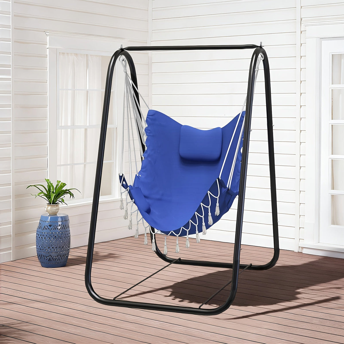 Metal A-Frame Outdoor Swing Chair with Stand – Rust-Proof Hammock Chair for Patio, Garden & Poolside, 500 LBS Capacity, 10-Min Assembly, Neck Cushion & Side Pocket, Gray Blue Navy Teal – Nova Mart