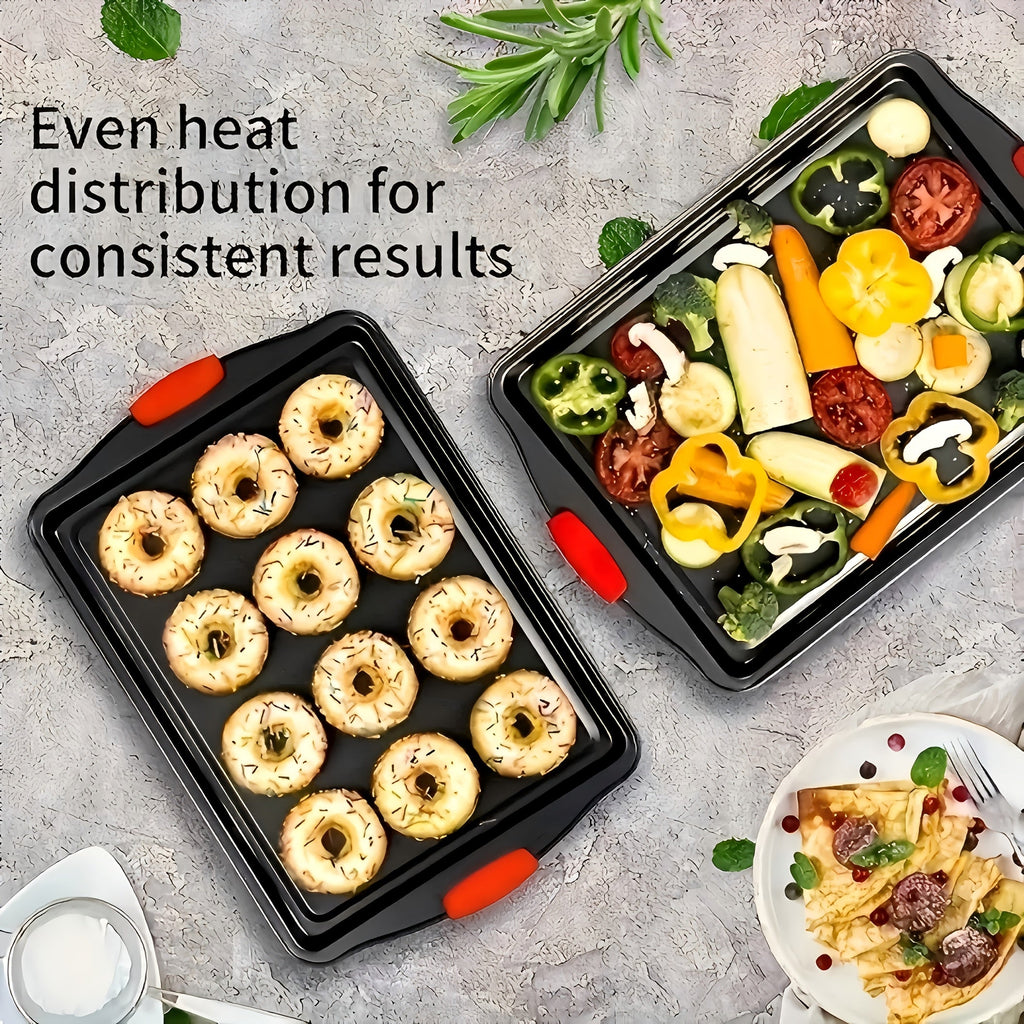 Carbon Steel Non-Stick Baking Pan Set 3-Piece – Commercial Restaurant Grade Oven Safe Bakeware with Red Silicone Handle, Double-Sided Coating Sheet Pan, Cookie Tray, and Roasting Pan