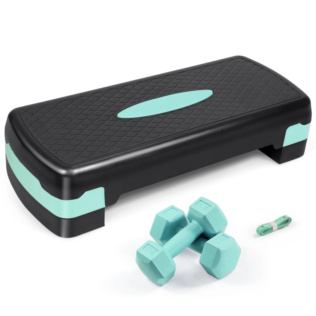 Adjustable Height Aerobic Stepper Set with 2 Dumbbells & Measuring Tape – Home Workout Exercise Step Platform with Risers, Non-Slip, 550 LB Capacity, 3 Colors: Blue, Green, Pink