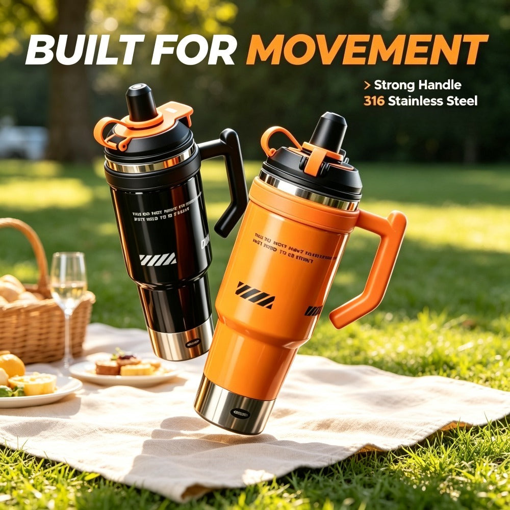 Large Capacity Insulated Tumbler - 316 Stainless Steel Inner Liner, Leak-Proof Lid & Straw, Printed Design for All-Day Hot & Cold Retention, Car, Camping, Fitness & Home - Orange & Black