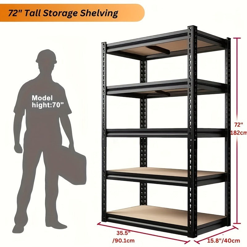 5-Tier Heavy-Duty Metal Shelving Unit, 2000 lbs Total Capacity, 72"H x 35.5"W x 15.8"D, Adjustable Shelf Heights, Easy Assembly, for Garage Basement Warehouse Commercial & Residential Storage
