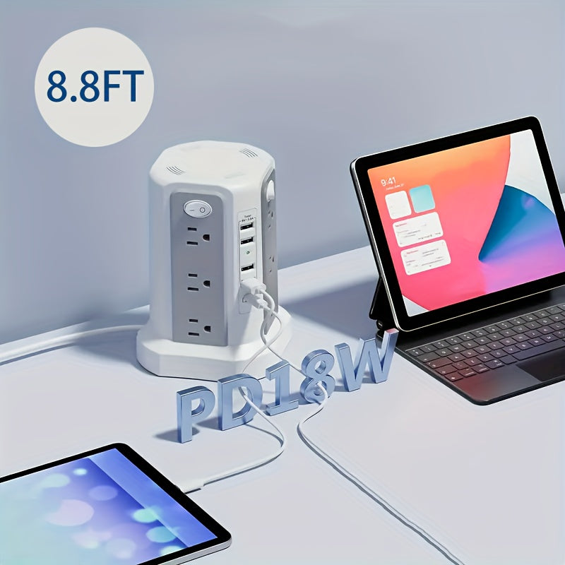 Power Strip Tower, 16 AC Outlets, 5 USB Ports, USB-C PD 20W, 1500J Surge Protector, Flat Plug Desktop Extension Cord