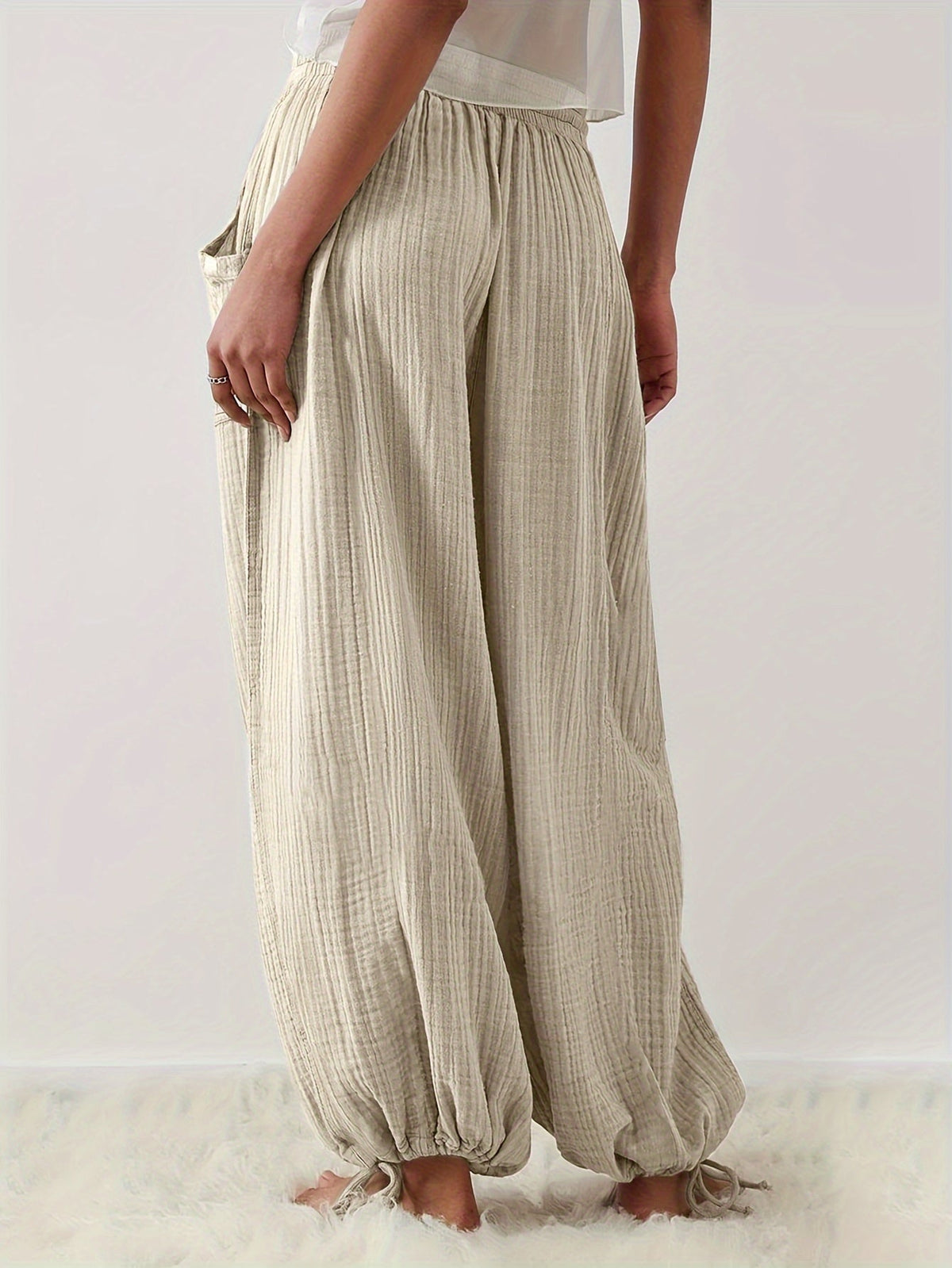 Women's Wide Leg Casual Loose Fit High-Waist Trousers with Pockets & Tie Waist – Khaki, Apricot, Green, Blue-Green, Spring/Summer Flowy Palazzo Pants, S-XXL