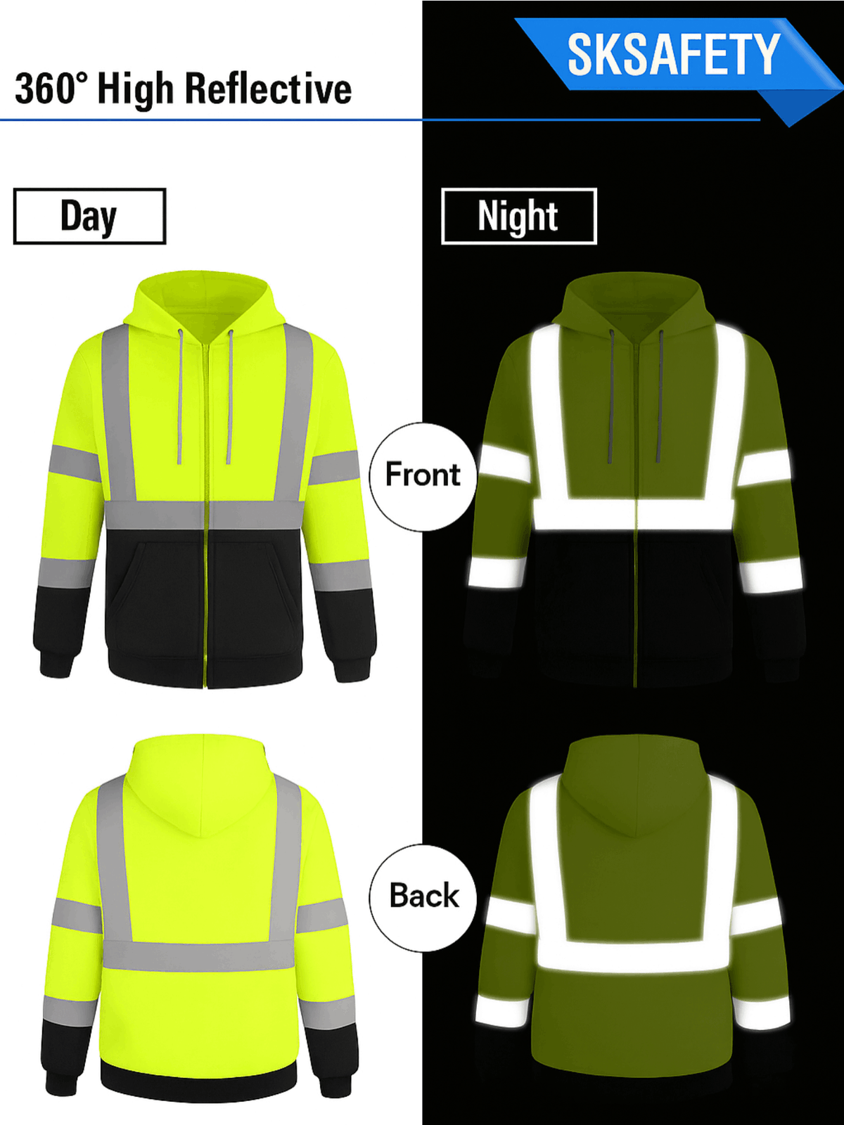 High Visibility ANSI Class 3 Type R Reflective Safety Zip-Up Fleece Hoodie for Men and Women, Construction Workwear with Neck Gaiter, Fluorescent Yellow
