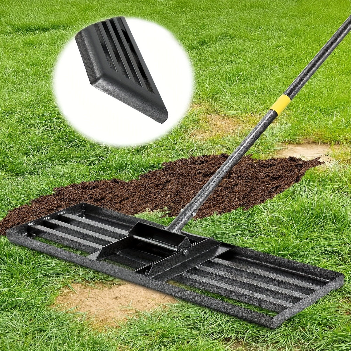 Lawn Leveling Rake - 17x10" Heavy Duty Metal Lawn Leveler, Foldable Head, Adjustable Ergonomic Handle for Yard, Garden & Golf Course - 5FT & 6FT - Yellow