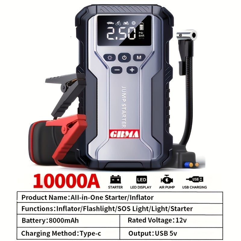 7-in-1 Portable Car Jump Starter with 150PSI Air Compressor, Digital Display, and Emergency Power Bank for Gas & Diesel Engines - Car Battery Booster Pack with Air Pump