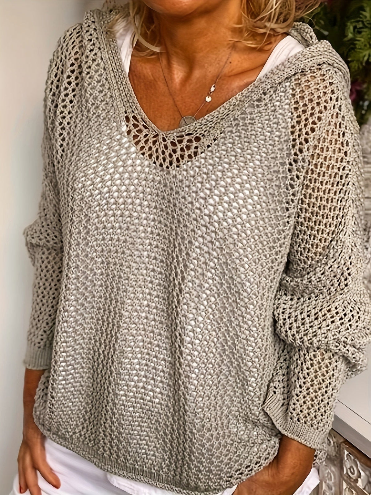 Women's Western Style Loose Hollow-Out Sweater Hoodie - Crochet Knit Pullover Open-Knit Casual Boho Shirt Yellow Green Khaki Red Grey S M L XL XXL Spring Fall