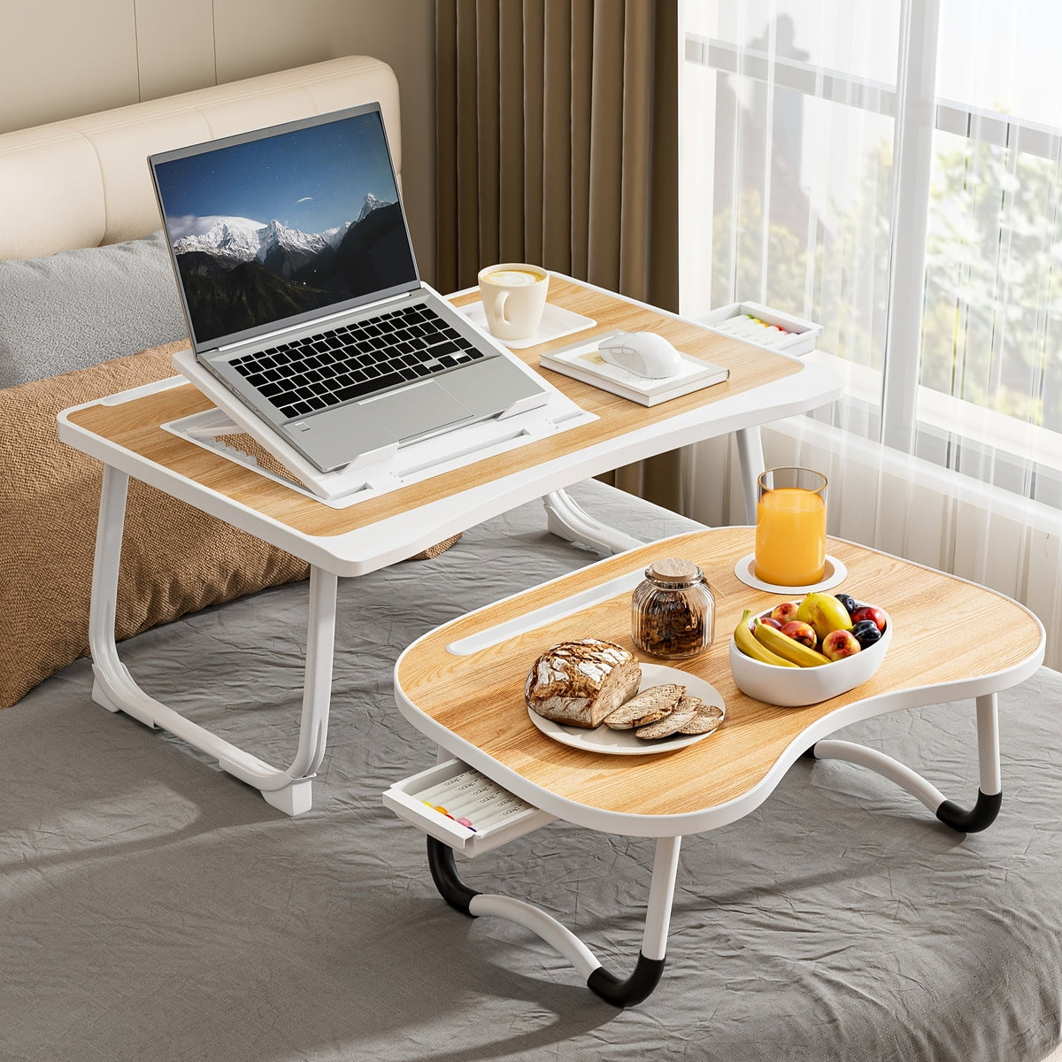 Portable Laptop Bed Table with Cup Holder & Tablet Slot - Foldable, Stable & Durable Lap Desk for Bed, Sofa & Floor - Wood, Walnut, White Oak, Pink & Black - USB Charging Options Available
