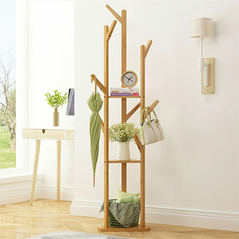 64" Bamboo Coat Rack Freestanding – 9 Hooks & 3 Shelves Entryway Hallway Tree Stand for Clothes Hats Bags & Coats in Natural Bamboo