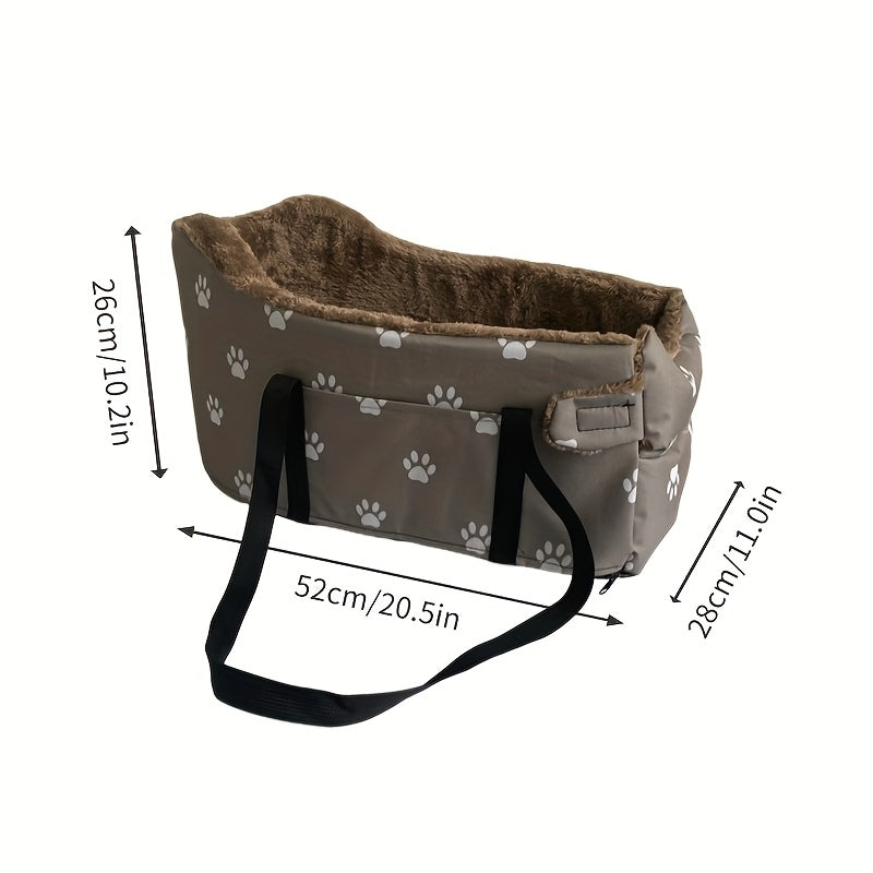 Pet Car Armrest Console Nest - Portable Back-Mounted Small Dog and Cat Car Seat Bed, Center Console Pet Nest with Paw Print Design, Cozy Travel Companion for Small Pets, Black & Grey Footprints