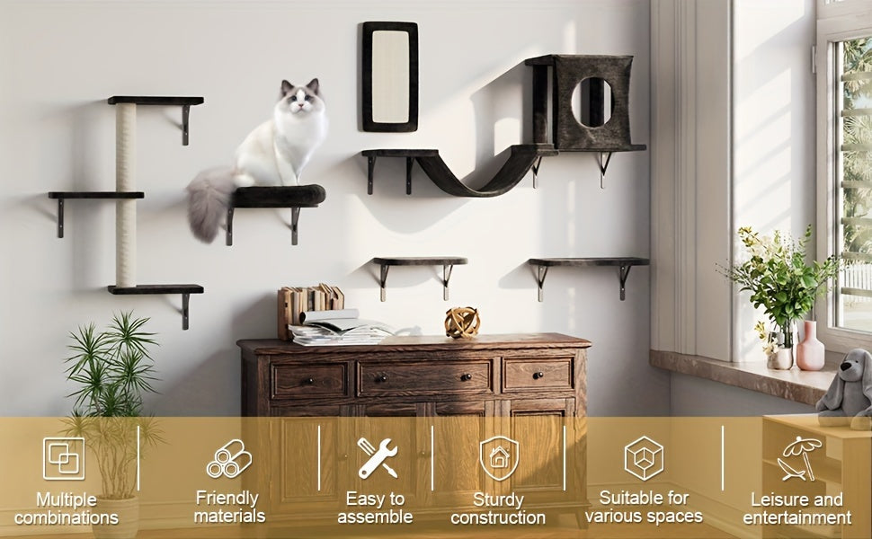 7-Piece Wall-Mounted Cat Climbing Shelf Set – Deluxe Indoor Cat Furniture with Cat Condo, Wall Shelves, Scratching Post, Bridge Ladder & Tunnel, Space-Saving Cat Wall Playground for All Cat Sizes
