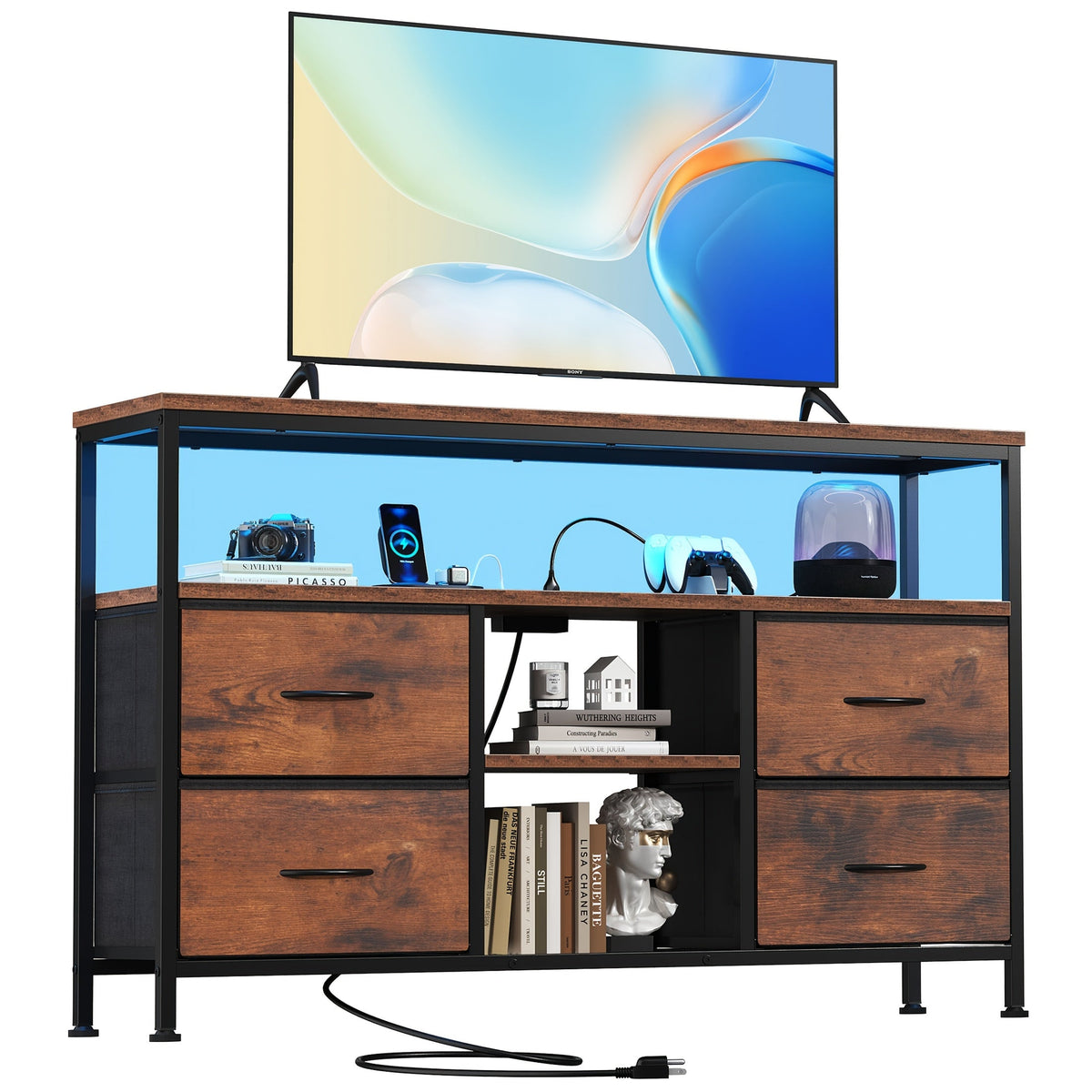 TV Stand with 4 Drawers & LED Lights, Entertainment Center Media Console with Power Sockets, Open Shelves & Adjustable Feet for 50 Inch TV, Living Room Furniture, White Black Rust