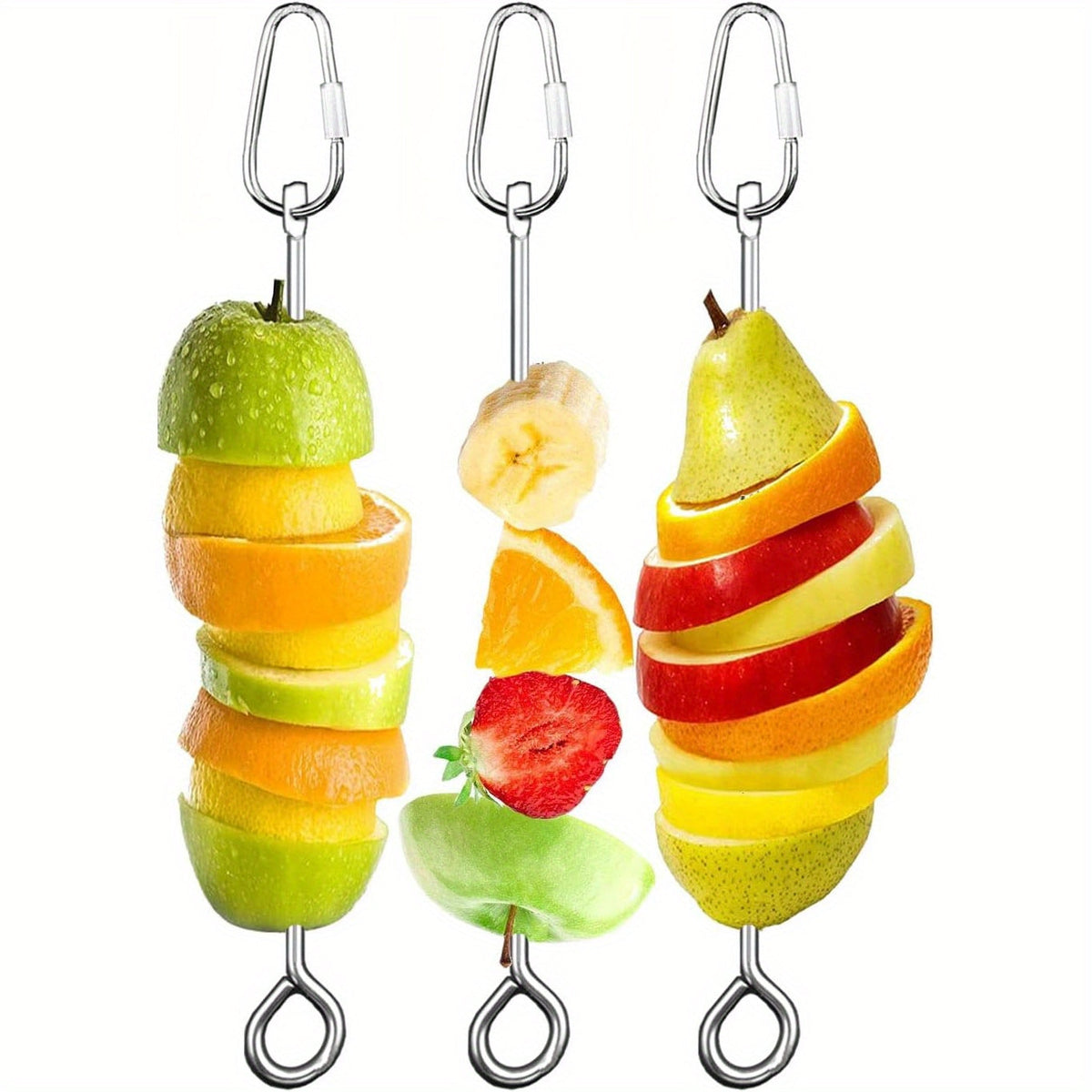 Stainless Steel Parrot Fruit and Vegetable Skewer Feeder for Bird Cage - Food Holder Foraging Toy with Carabiner Clip for Parakeet, Budgie, Cockatiel, Conure, Macaw - Bird Cage Feeding Accessory, 10 inch