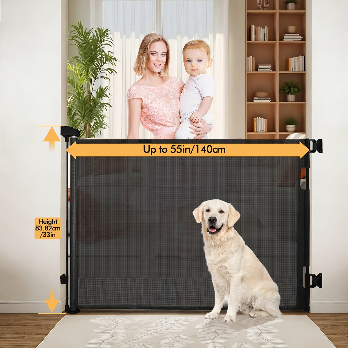 VERASTE Retractable Mesh Safety Gate, 33"/41" Tall Baby & Pet Gate for Doorways, Stairs & Hallways, Indoor & Outdoor Use, Multiple Width Options, Black, White & Gray