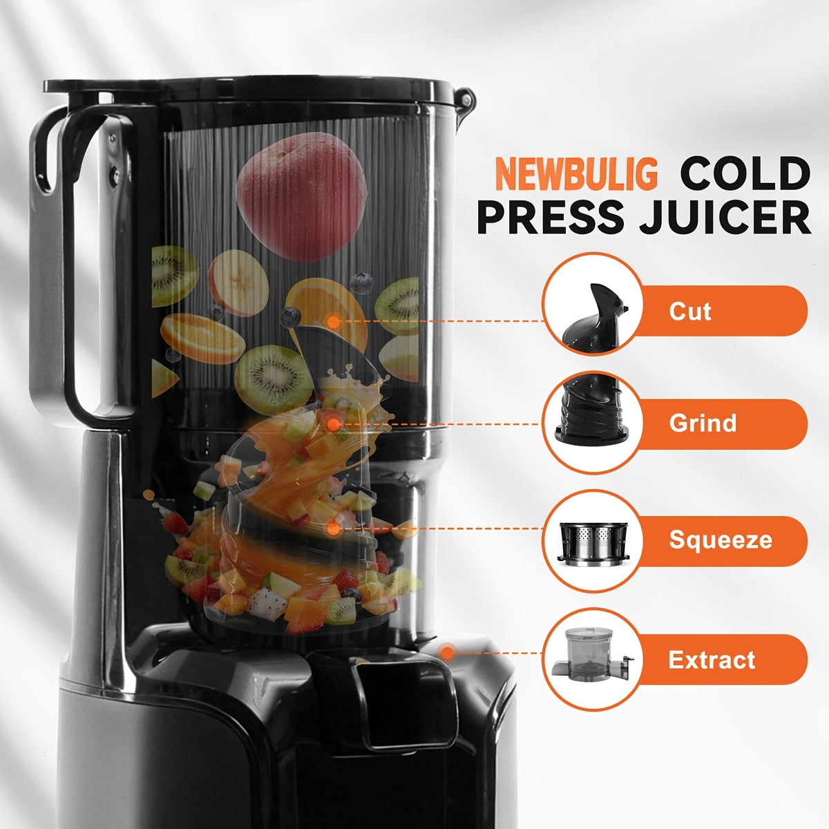Cold Press Masticating Juicer 200W – Slow Juice Extractor with Reverse Function & Easy-Clean Blade-Free Design for Fruits Vegetables Nut Milk