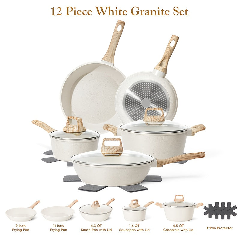 12-Piece Non-Stick Granite Cookware Set – Frying Pans Casserole Saucepan with Lids & Pan Protectors Heavy-Duty for All Stovetops Including Induction